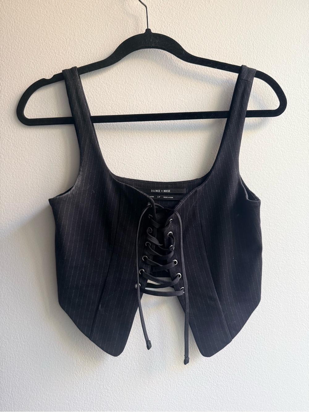 silence + noise Black Pinstripe Lace-Up Vest Crop Top